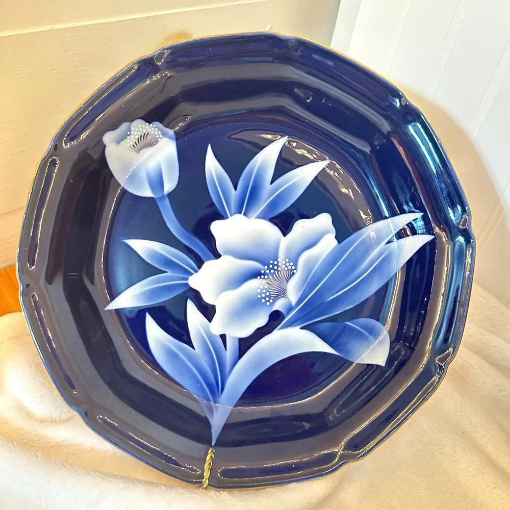 Vintage Japanese Fukagawa 11.5 Platter Bowl Cobalt Blue White Floral Gold Border